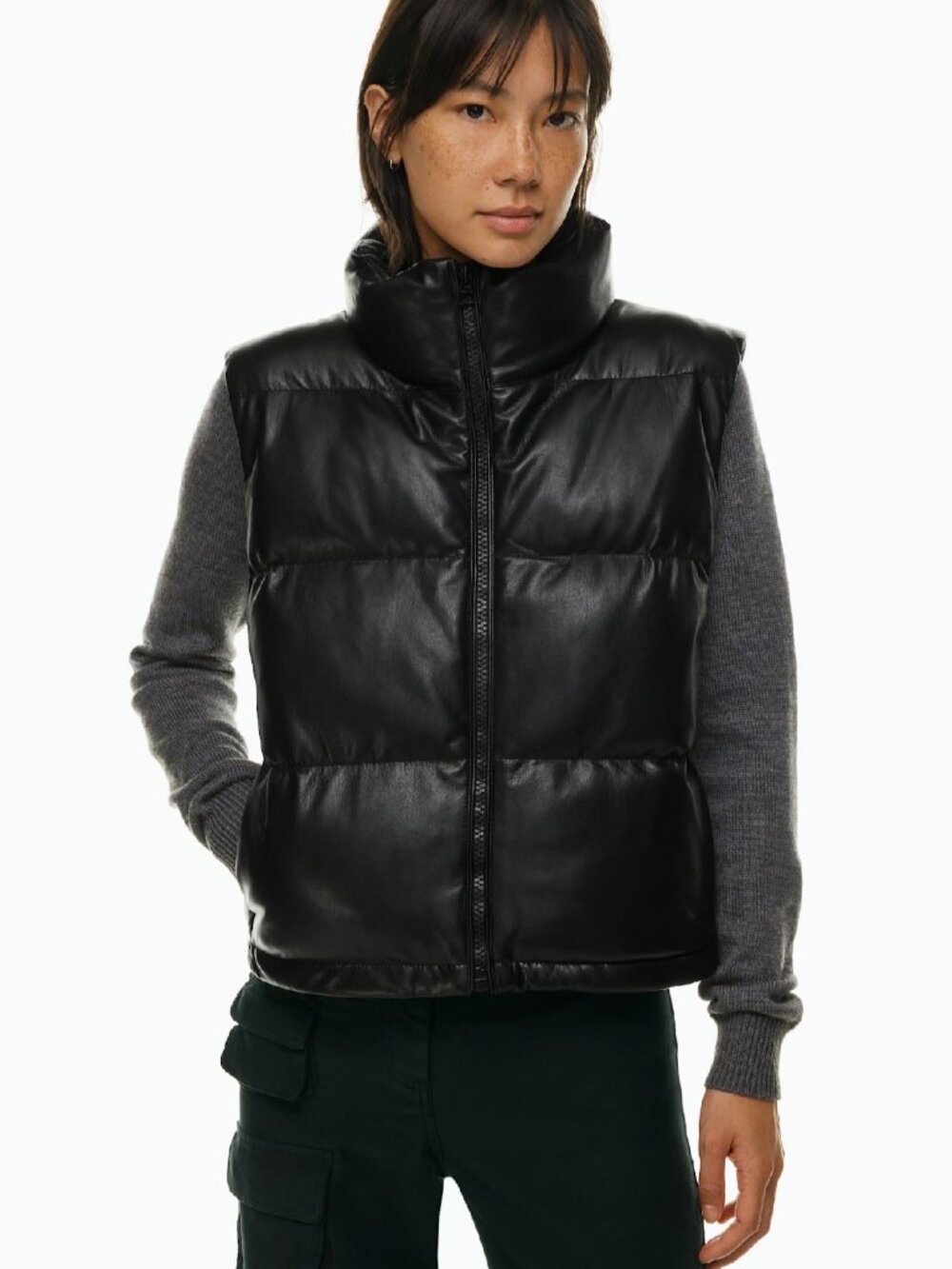 Wilfred Free Black Vegan Leather Zip Front Vista Puffer Vest in Women's Large